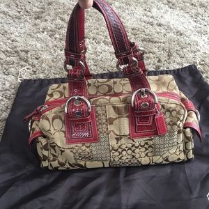 Coach “C” Satchel with red leather trip, bag, 13”x6”x8”
